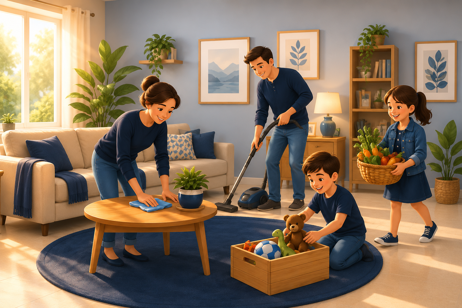 A family tidying the living room together
