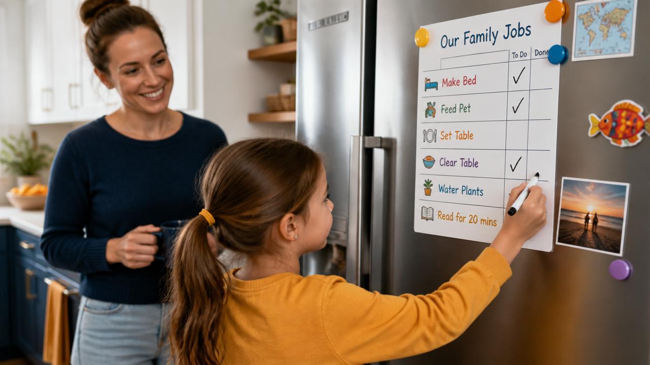 A child ticking off jobs on a family chore chart on the fridge while a parent looks on