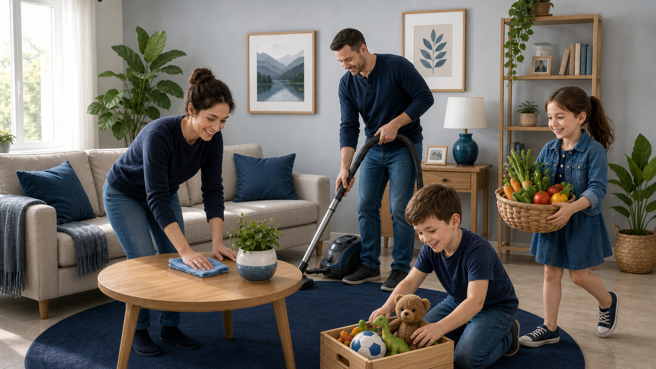 A family tidying the living room together